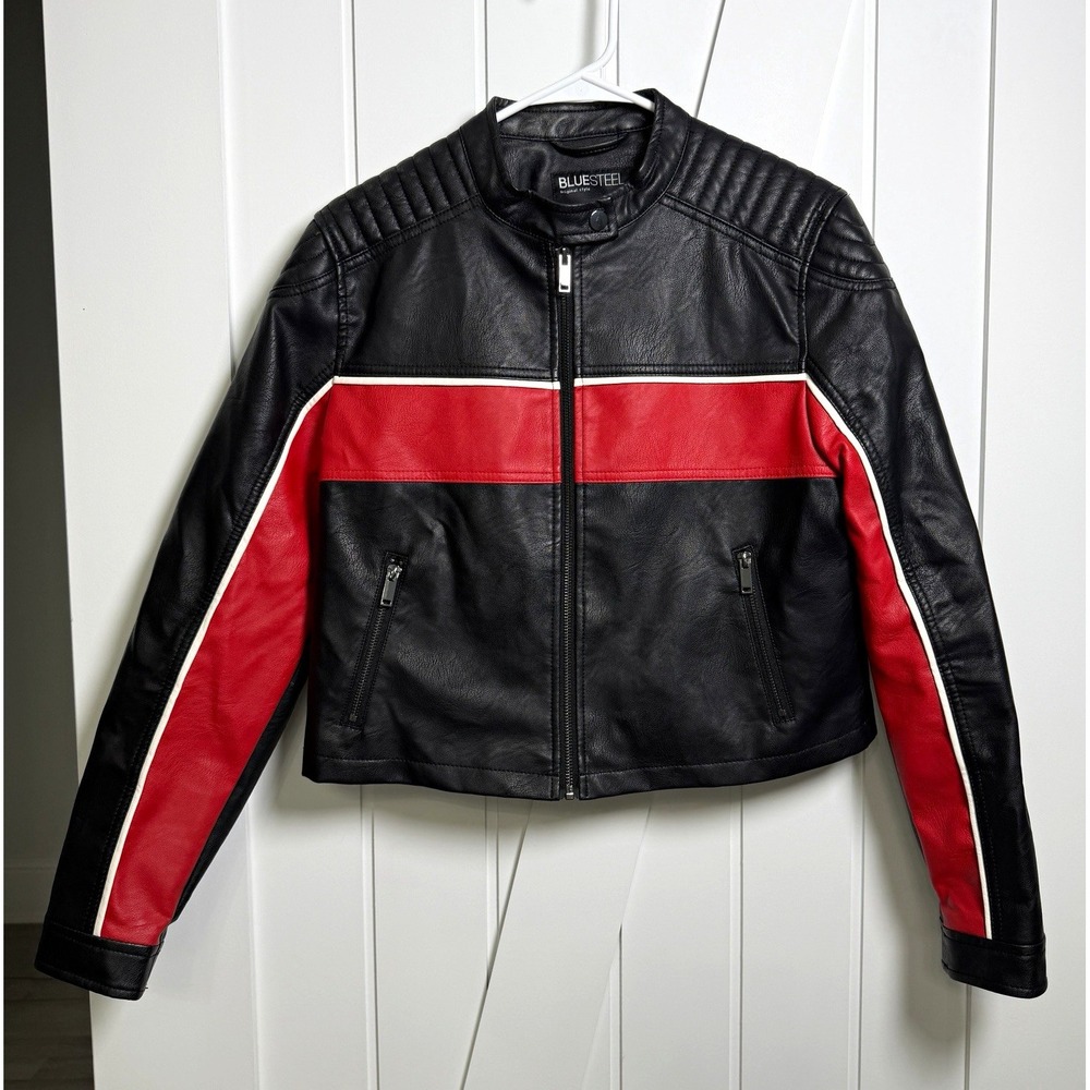 Bluesteel Women's Colorblock Biker Jacket Black/Red Size Large Cropped Motocore